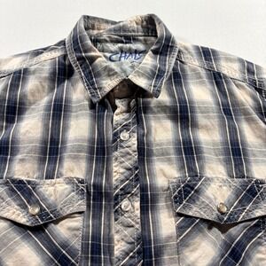 Chalc Plaid Button Down Shirt Mens Medium Blue White Cotton Western Snap Pocket